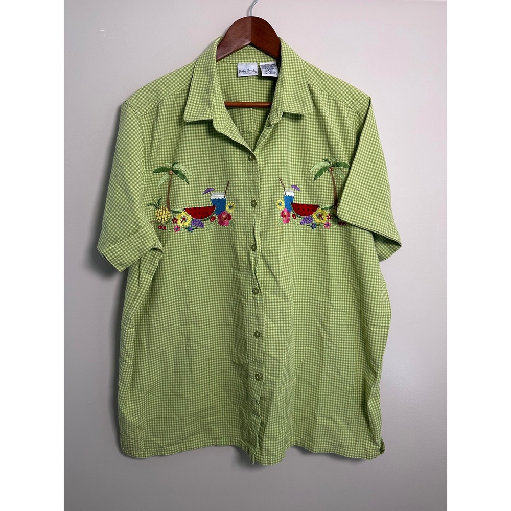 Bobbie Brooks Woman Shirt 22W Green Gingham EUC Embroidered Tropical Fruit 90's